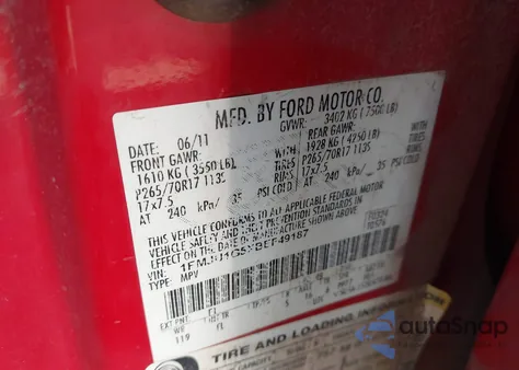 2011 Ford Expedition Xl из США, поврежденный, VIN 1FMJU1G5XBEF49187